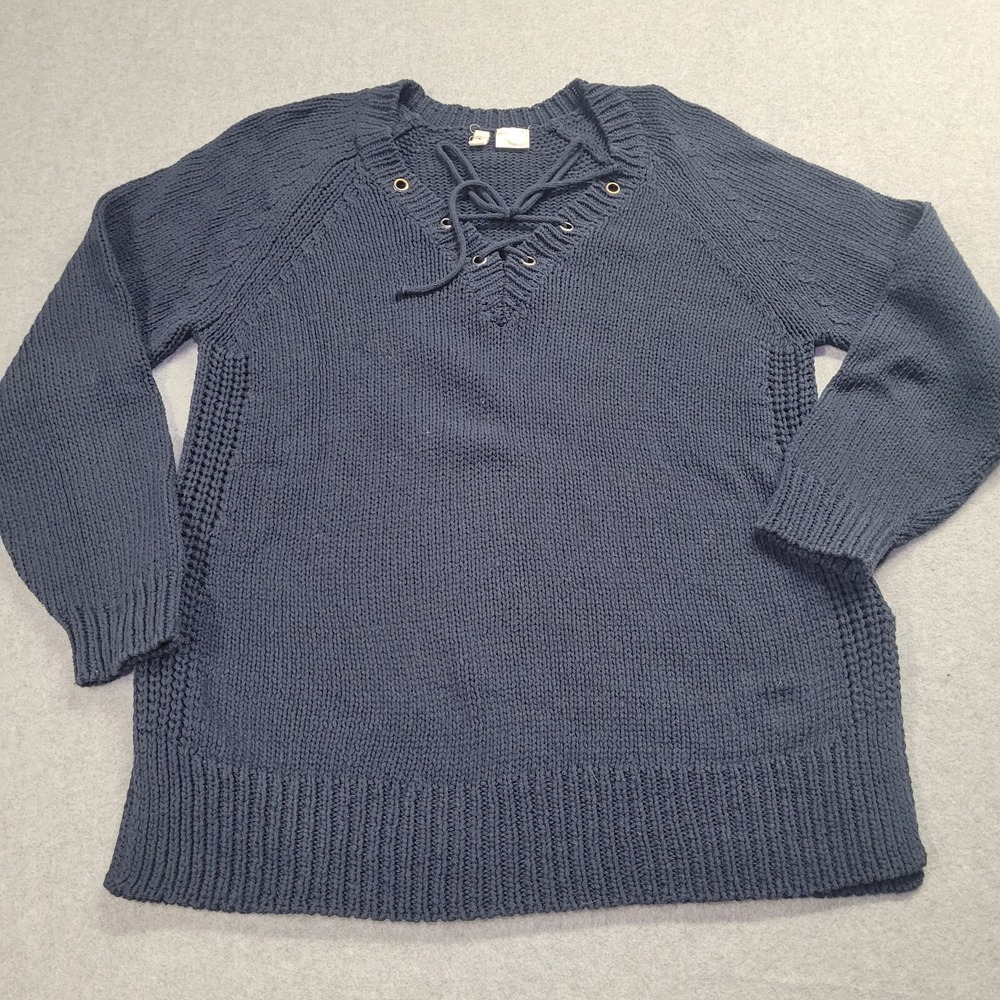 Anthropologie Moth Navy Blue Lace Up V-Neck Chunky Knit Sweater Large